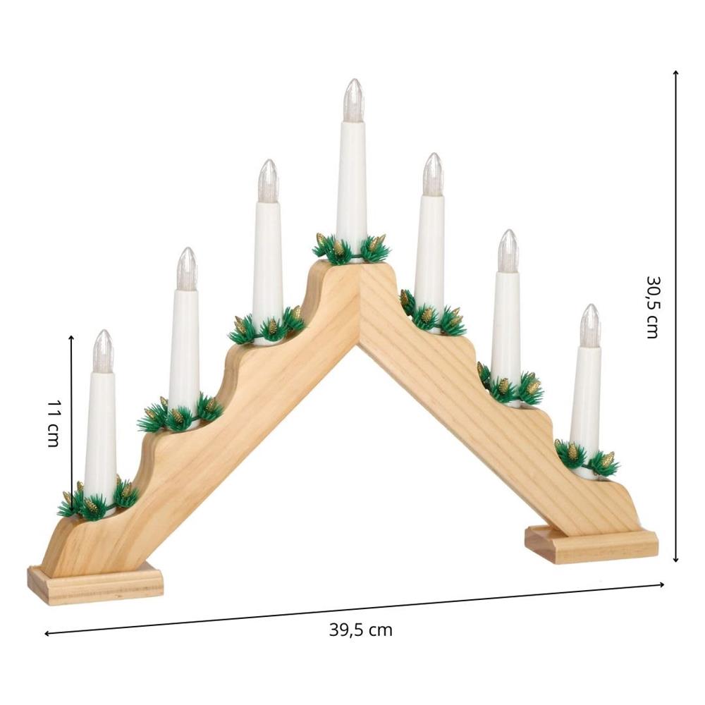 Sfesnic decorativ LED cu 7 lumanari si coronite verzi, alimentare baterii, 40x31 cm, maro si alb