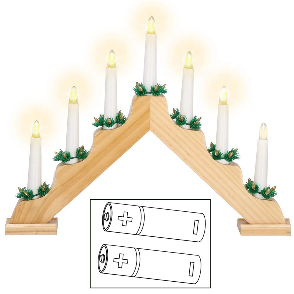 Sfesnic decorativ LED cu 7 lumanari si coronite verzi, alimentare baterii, 40x31 cm, maro si alb