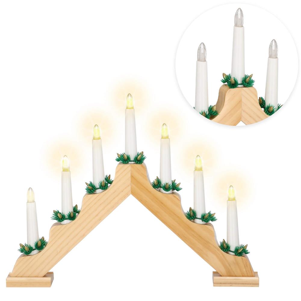 Sfesnic decorativ LED cu 7 lumanari si coronite verzi, alimentare baterii, 40x31 cm, maro si alb