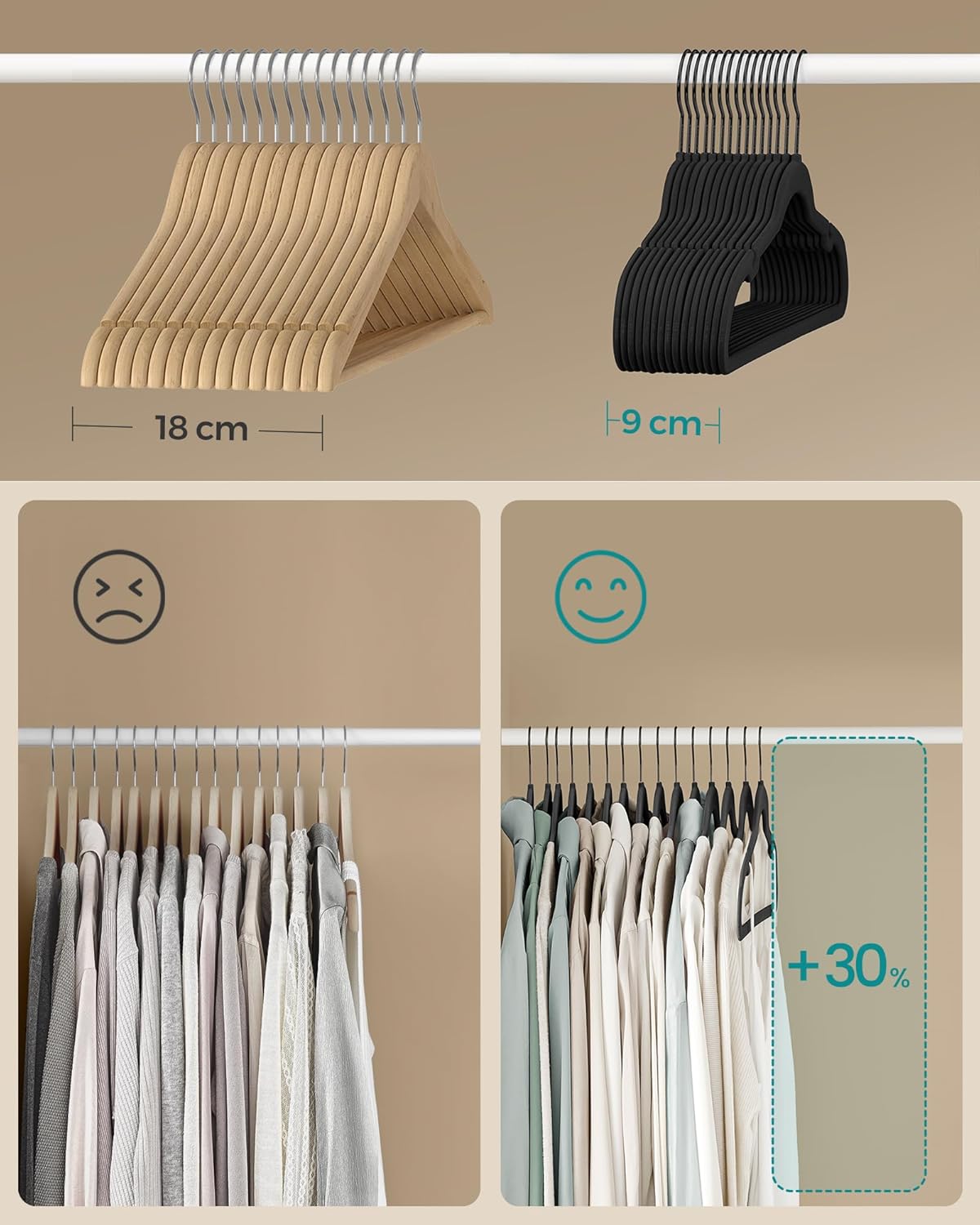 SONGMICS Set de 50 de umerase pentru haine, anti-alunecare cu catifea, bara de cravata si carlig pivotant, 43,5 cm, negru