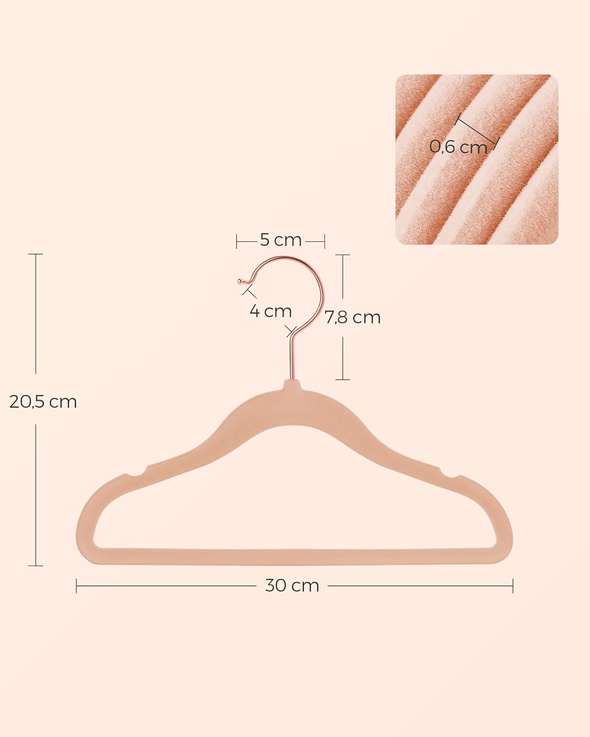 SONGMICS Set de 50 de umerase copii din catifea, antialunecare, carlige rotative 360°, 30 cm, roz