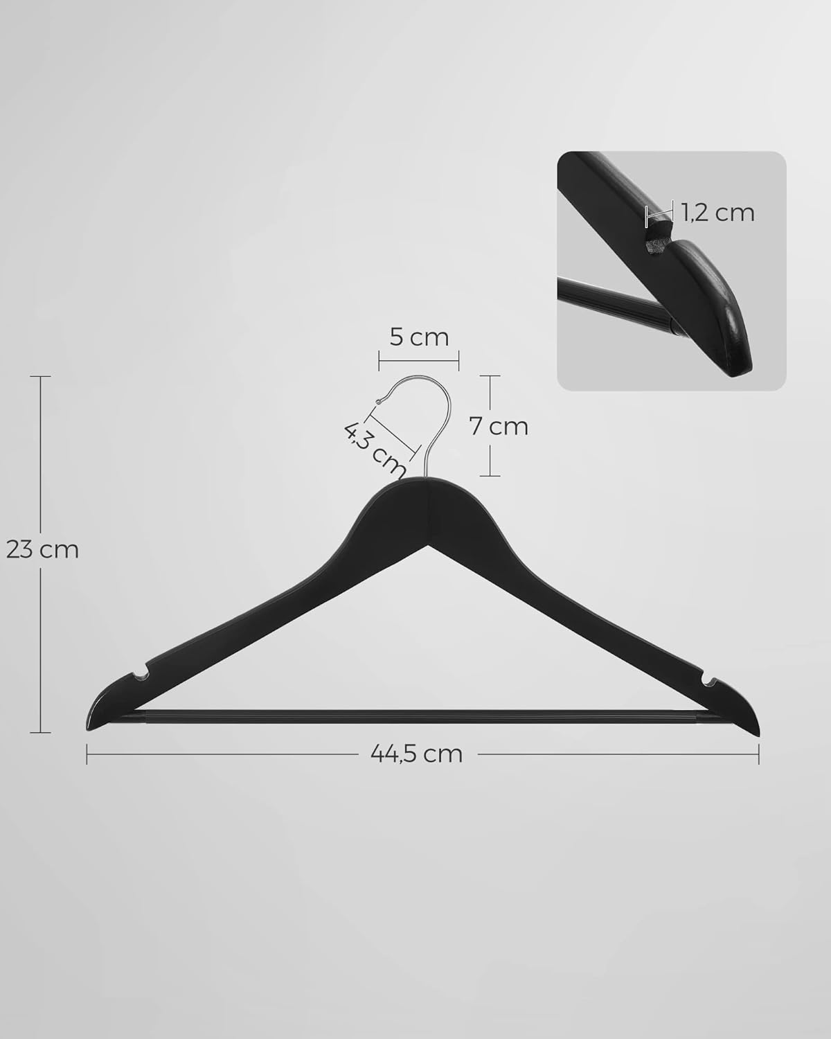 SONGMICS Umerase lemn set 10 bucati, cu bara pantalon antialunecare, carlig rotativ 360°, 45x23 cm, negru