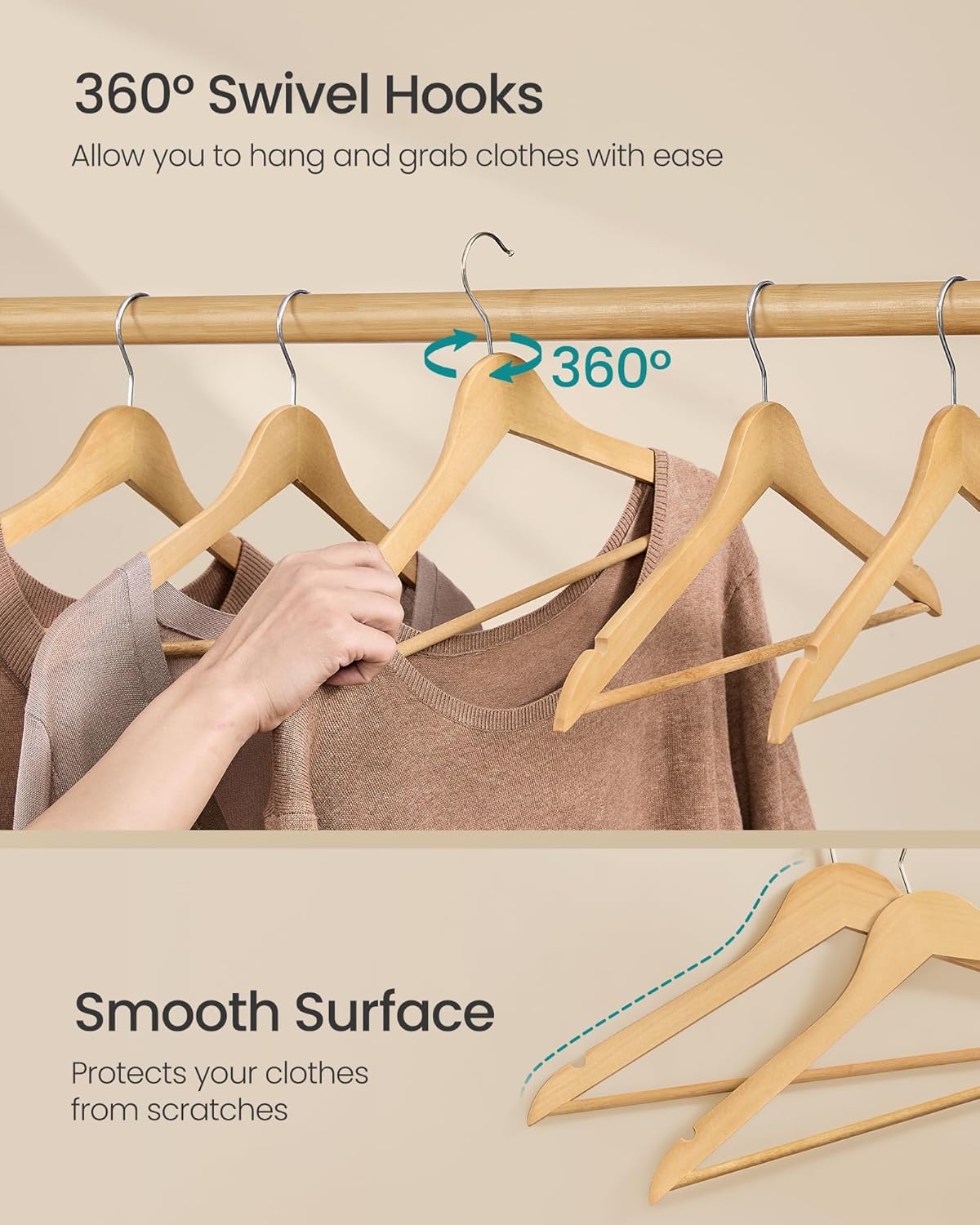 SONGMICS Set de 30 de umerase din lemn, carlige rotative 360°, cu bara pentru pantaloni, 43 cm, natur