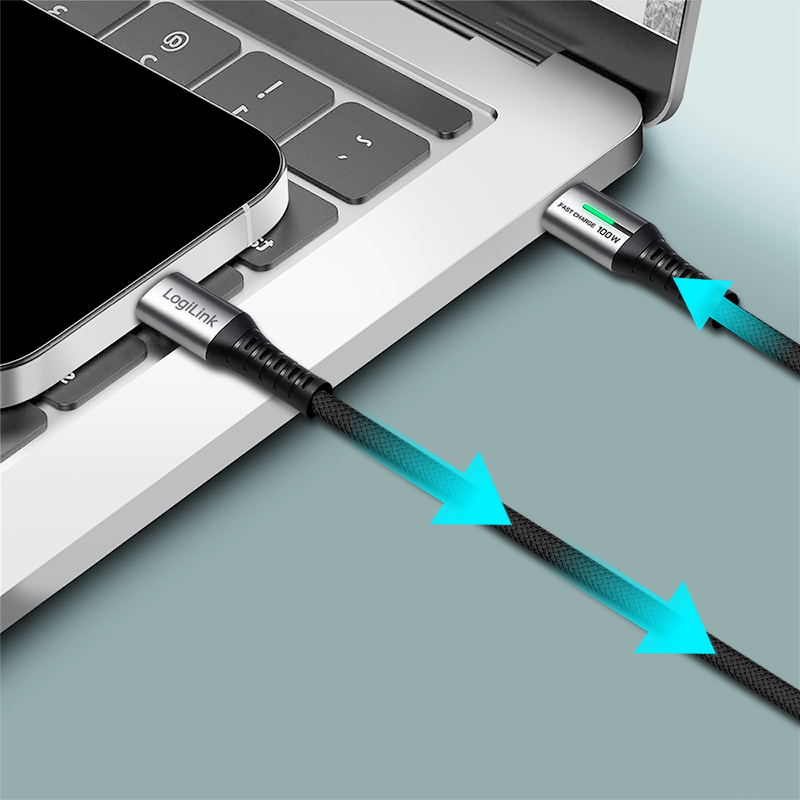 CABLU alimentare si date LOGILINK, pt. smartphone, USB 3.2, USB Gen Type-C (T) la USB Type-C (T), 1m, PD 100W, 4K, LED, 3 x ecranat, 20Gbps, metal, , negru&gri, "CU0432"