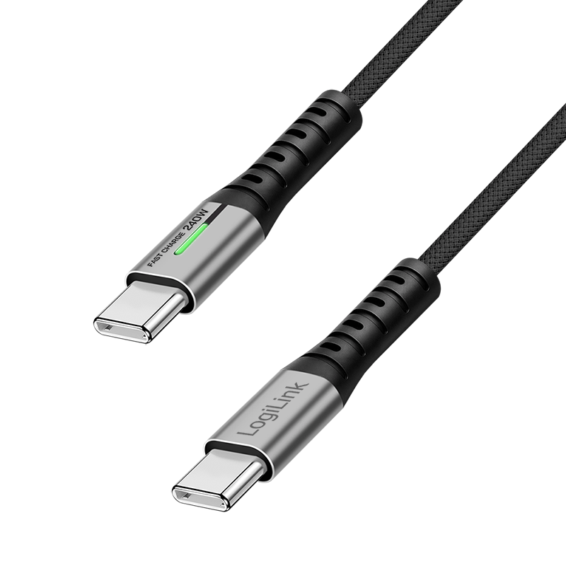 CABLU alimentare si date LOGILINK, pt. smartphone, USB 3.2, USB Gen Type-C (T) la USB Type-C (T), 0.5m, PD 240W, 3 x ecranat, 4K/60Hz, 20Gbps, LED, metal, negru, "CU0441"