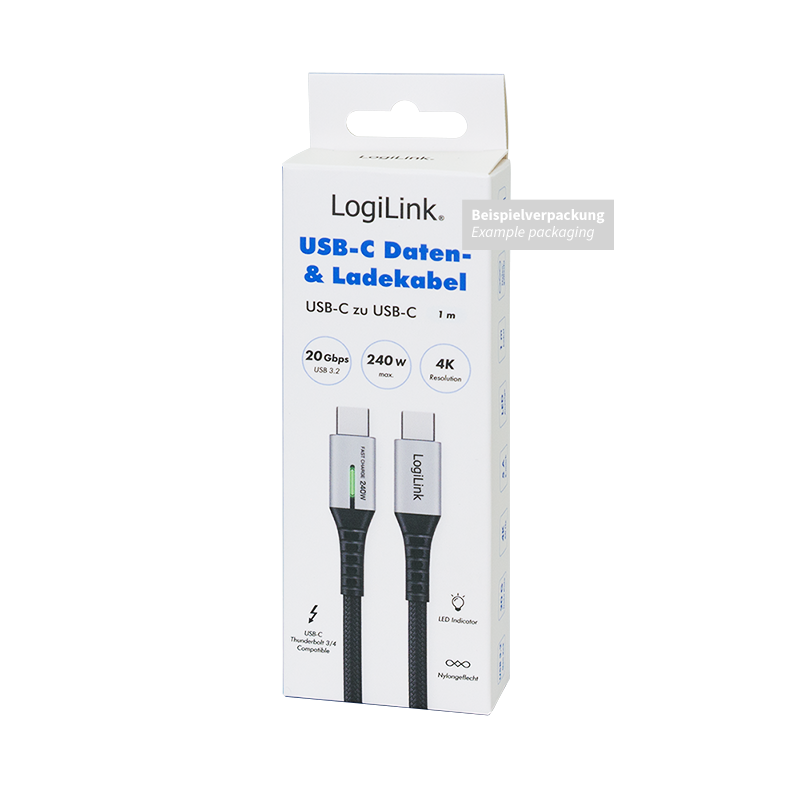 CABLU alimentare si date LOGILINK, pt. smartphone, USB 3.2, USB Gen Type-C (T) la USB Type-C (T), 2m, PD 240W, 3 x ecranat, 4K/60Hz, 20Gbps, LED, metal, negru, "CU0444"
