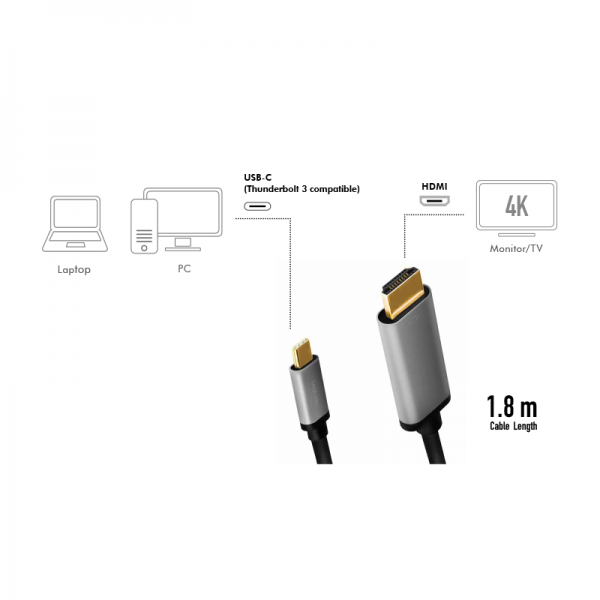CABLU video LOGILINK, adaptor USB 3.1 Type-C (T) la HDMI (T), 1.8m, rezolutie maxima 4K UHD (3840 x 2160) la 60 Hz, conectori auriti, aluminiu, dublu ecranaj, negru-gri, "CUA0101"