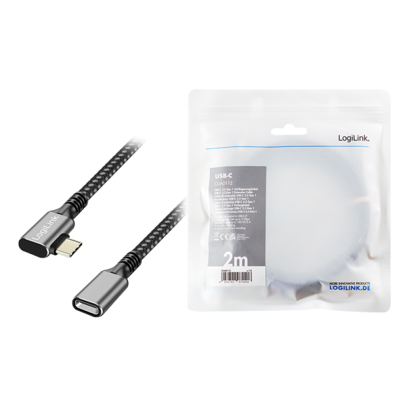 CABLU alimentare si date LOGILINK, pt. smartphone, USB 3.2, USB Gen Type-C (T) la USB Type-C (M) la 90 grade, 2m, PD 100W, 2 x ecranat, aluminiu, braiding, negru&gri, "CUA0112"
