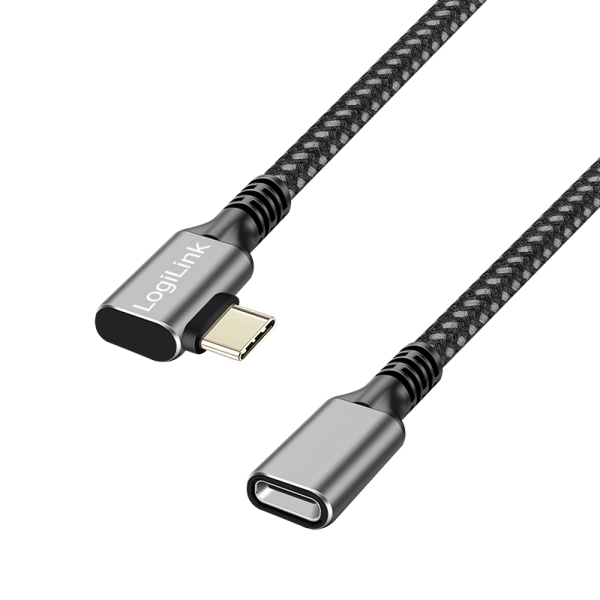 CABLU alimentare si date LOGILINK, pt. smartphone, USB 3.2, USB Gen Type-C (T) la USB Type-C (M) la 90 grade, 2m, PD 100W, 2 x ecranat, aluminiu, braiding, negru&gri, "CUA0112"