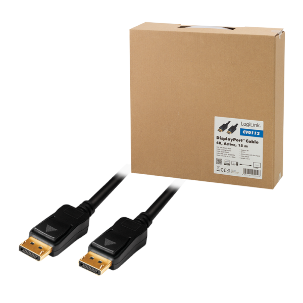 CABLU video LOGILINK, DisplayPort (T) la DisplayPort (T) 1.2, 15m, amplificare, conectori auriti, rezolutie maxima 4K (3840 x 2400) la 60 Hz, plastic, triplu ecranaj, negru, "CV0113"