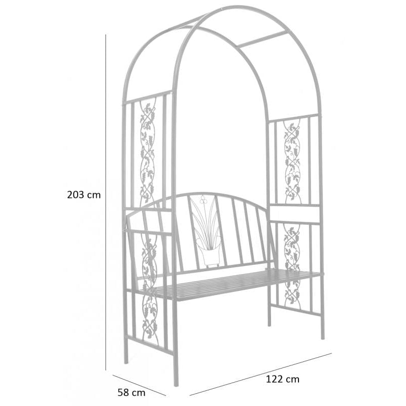 Pergola pentru gradina cu banca, structura metalica solida, 122x58x203 cm, negru