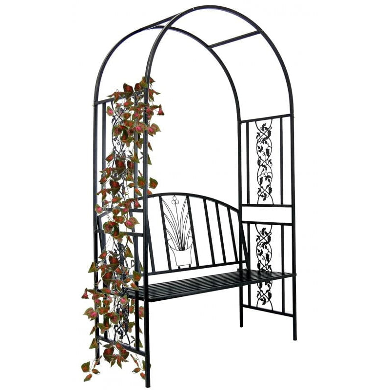 Pergola pentru gradina cu banca, structura metalica solida, 122x58x203 cm, negru