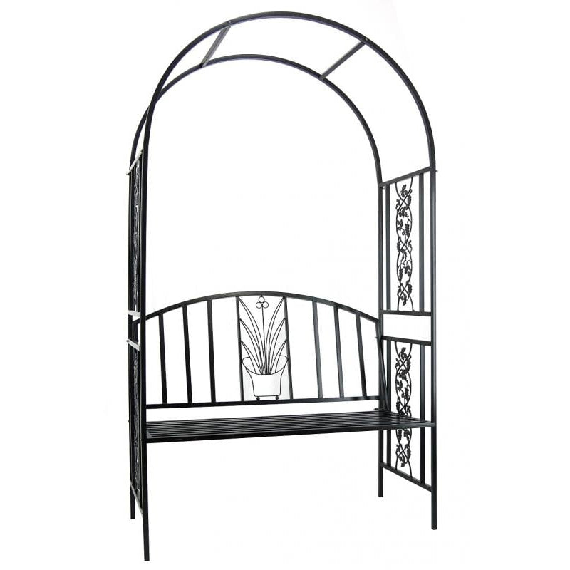 Pergola pentru gradina cu banca, structura metalica solida, 122x58x203 cm, negru