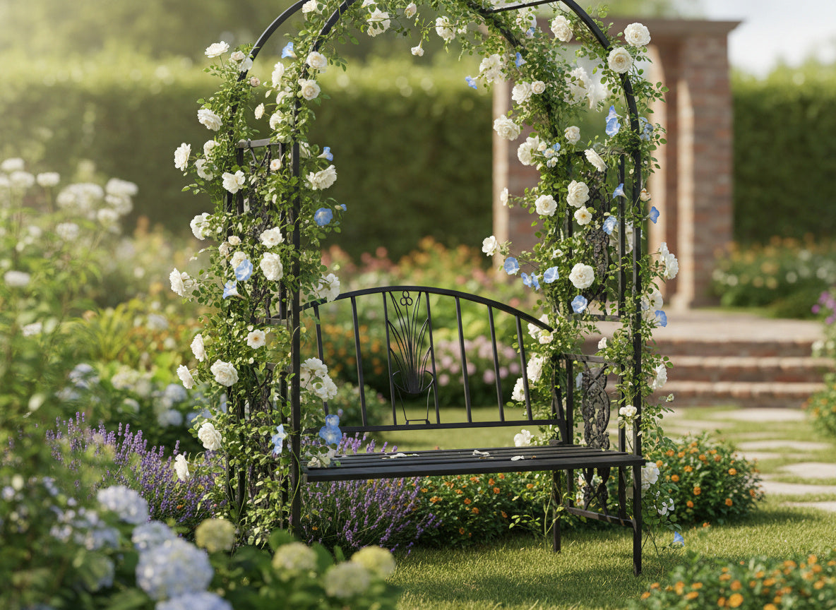 Pergola pentru gradina cu banca, structura metalica solida, 122x58x203 cm, negru