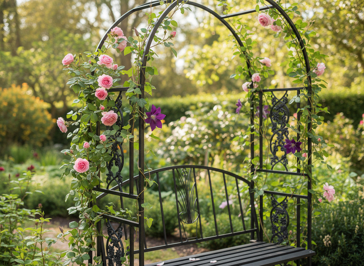 Pergola pentru gradina cu banca, structura metalica solida, 122x58x203 cm, negru