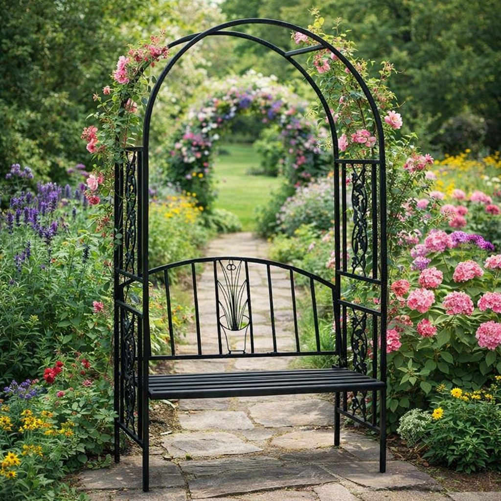 Pergola pentru gradina cu banca, structura metalica solida, 122x58x203 cm, negru