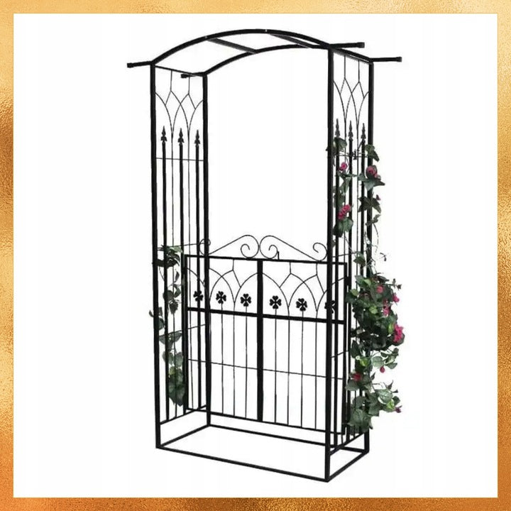 Pergola gradina metalica cu poarta, suport plante cataratoare, 106x50x217 cm, negru