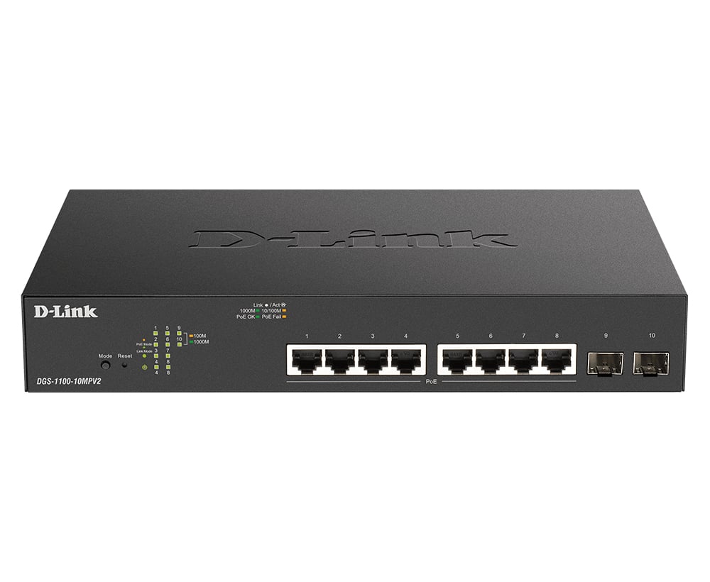 SWITCH PoE D-Link Smart 8 porturi Gigabit (8 PoE) + 2 porturi SFP, IEEE 802.3af/at, carcasa metalica, rackabil 