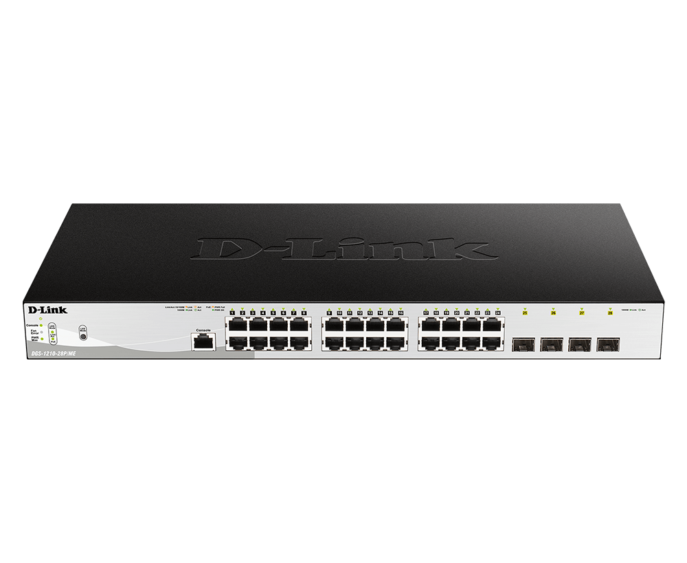 SWITCH PoE D-LINK Smart 24 porturi Gigabit (24 PoE) + 4 porturi 1G SFP, IEEE 802.3af/at, buget POE total 193 W, carcasa metalica. "DGS-1210-28P/ME"