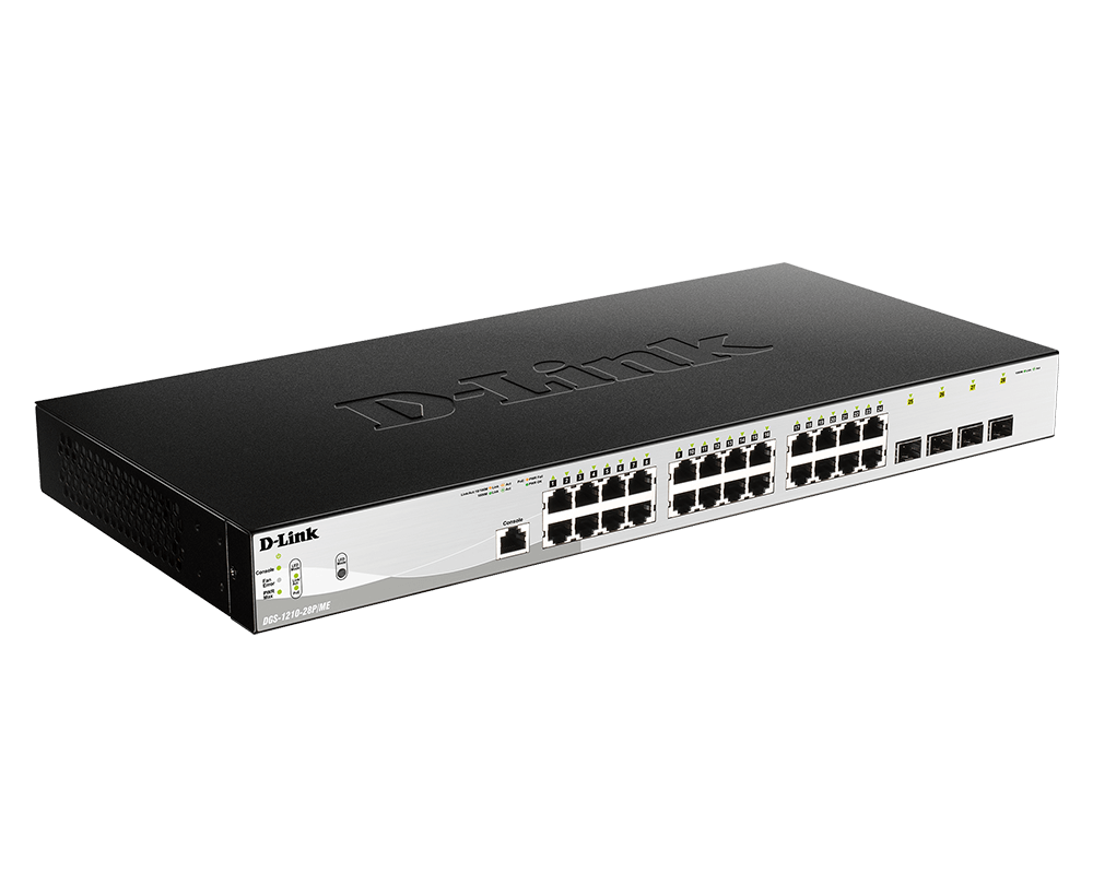 SWITCH PoE D-LINK Smart 24 porturi Gigabit (24 PoE) + 4 porturi 1G SFP, IEEE 802.3af/at, buget POE total 193 W, carcasa metalica. "DGS-1210-28P/ME"
