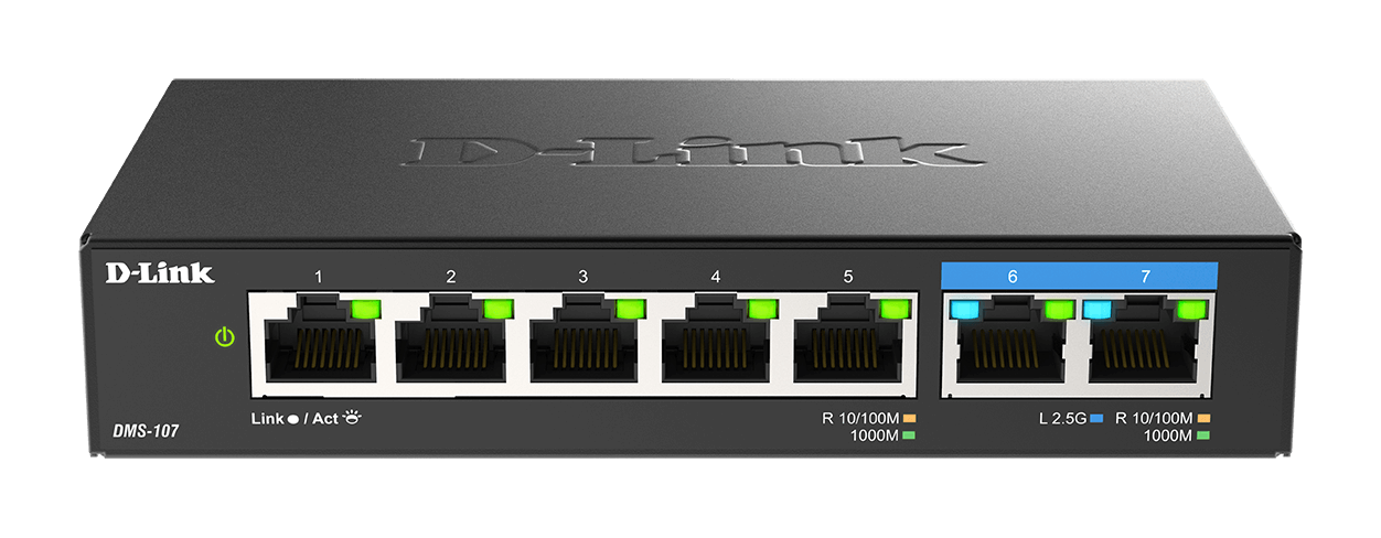 SWITCH D-Link unmanaged 7 porturi, 5 porturi Gigabit, 2 porturi 2.5 Gigabit, carcasa metalica "DMS-107"
