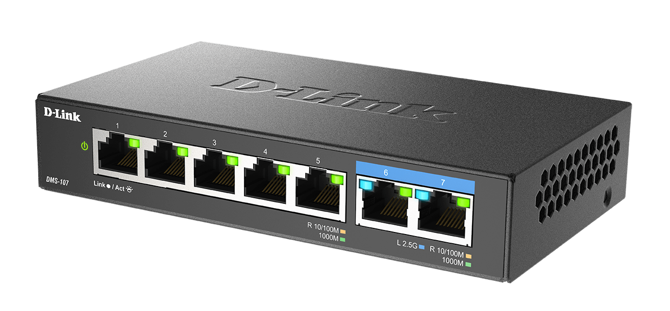 SWITCH D-Link unmanaged 7 porturi, 5 porturi Gigabit, 2 porturi 2.5 Gigabit, carcasa metalica "DMS-107"