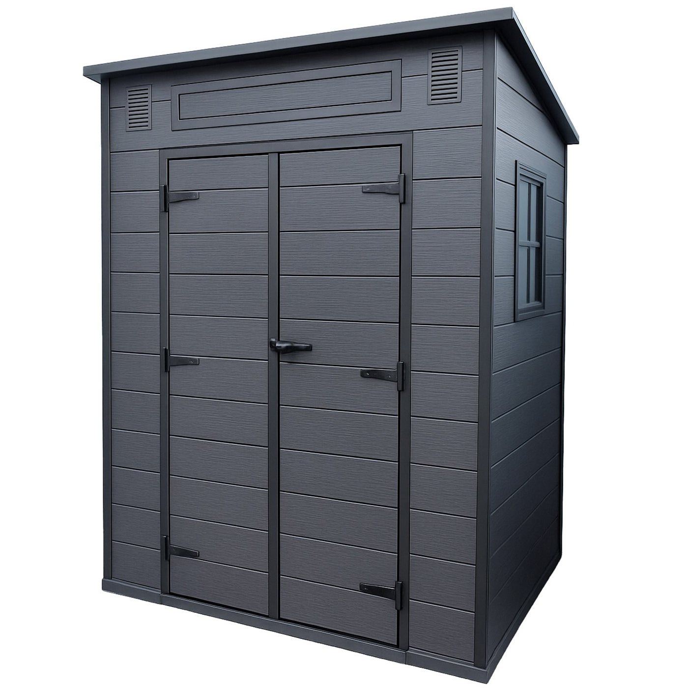 Magazie gradina pentru unelte, cu usa dubla si fereastra, PVC imitatie lemn, 181x130x200 cm, negru