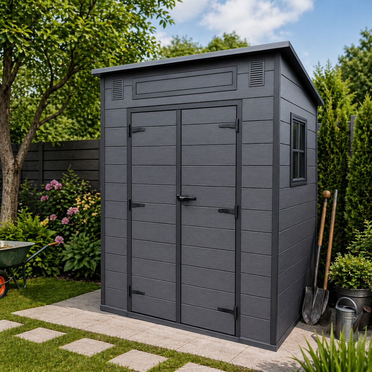 Magazie gradina pentru unelte, cu usa dubla si fereastra, PVC imitatie lemn, 181x130x200 cm, negru