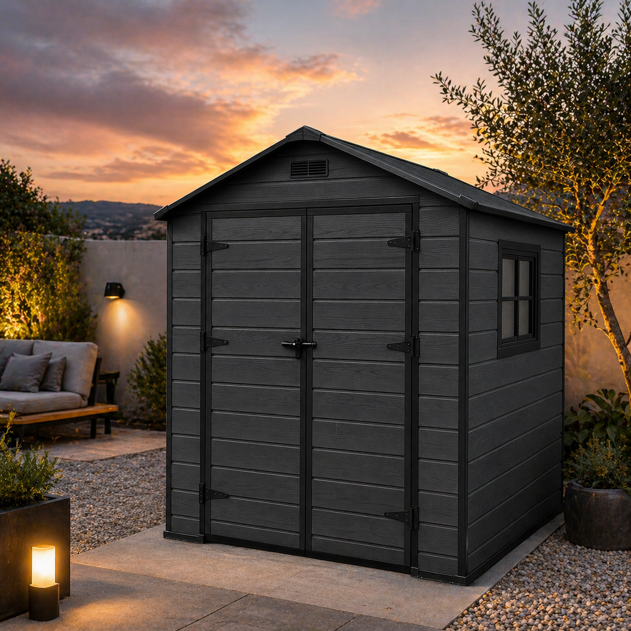 Magazie gradina pentru unelte, cu usa dubla si ventilatie, PVC imitatie lemn, 182x181x219 cm, negru