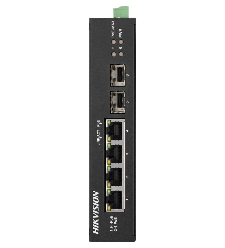 SWITCH Hikvision, Gigabit x 4, SFP x 2, carcasa metalica, "DS-3T0506HP-E/HS"
