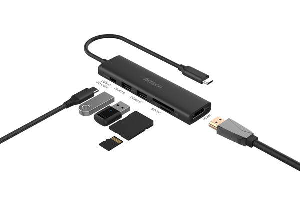 DOCKING Station A4tech universal, 6-in-1, conectare PC USB Type C, USB-C x 1, USB-A 3.0 x 2, porturi video HDMIx1 4K@60Hz, slot SD, PD 100 W, cablu 0.20m, gri, "DST-60C-GR"