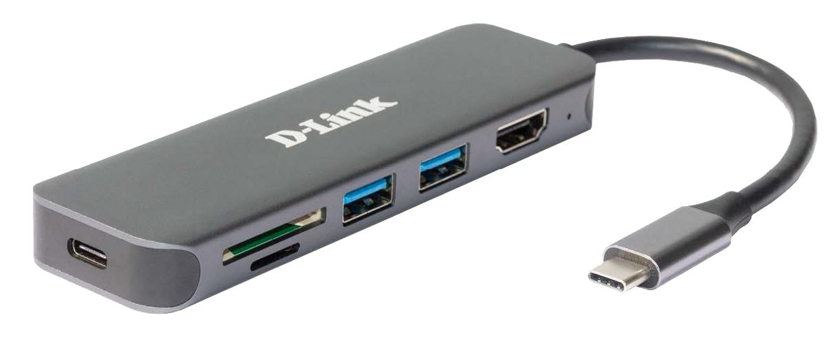 HUB extern D-Link, porturi 2xSuperSpeed USB 3.0, 1xUSB-C with data sync & PD-60W,1xHDMI 4k,Dual-Slot SD/microSD/SDHC/SDXC Card Reader, conec USB-C,cablu 10 cm,met,arg 
