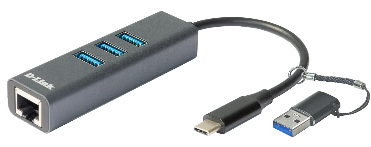 Adaptor RETEA D-Link, extern, USB-C, port RJ-45 Gigabit, 3 x USB SuperSpeed 3.0 port, adaptor USB-A inclus 