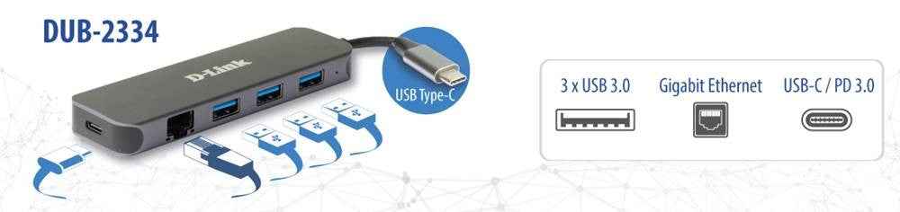 HUB extern D-LINK, porturi 3 x SuperSpeed USB 3.0, 1 x USB-C with data sync &amp; PD 60W, 1 x RJ-45 Gigabit, conec prin USB Type C, cablu 10 cm, metalic, argintiu "DUB-2334"