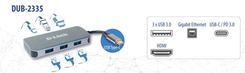 HUB extern D-LINK, porturi 3 x SuperSpeed USB 3.0, 1 x USB-C with data sync &amp; PD 60W, 1xHDMI 4k, 1xRJ-45 Gigabit, conectare prin USB-C, cablu 10 cm, metalic, arg "DUB-2335"