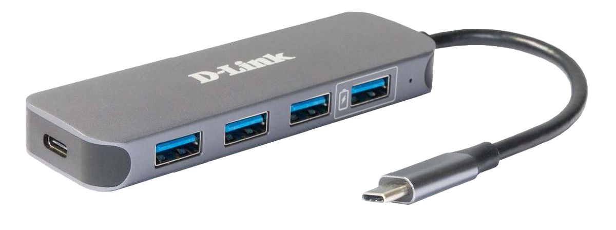 HUB extern D-Link, porturi 3 x SuperSpeed USB 3.0, 1 x QC, 1 x USB-C (Thunderbolt 3) port with data sync 60W, conec USB-C, cablu 10 cm, metalic, argintiu 