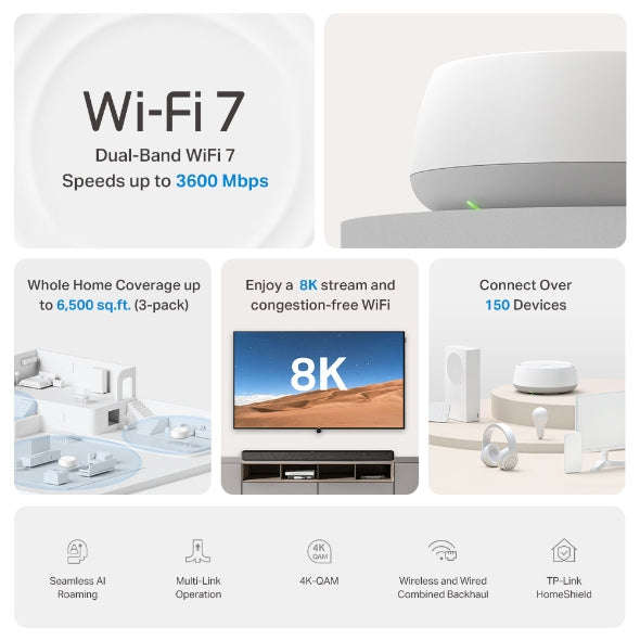 MESH TP-LINK wireless, Wi-Fi 7 BE3600 Tri-Band, pt int, 3600 Mbps, 2×1 Gbps WAN/LAN,2.4 GHz|5 GHz,antena int x 4, standard 802.11be "Deco BE22(1-pack)"