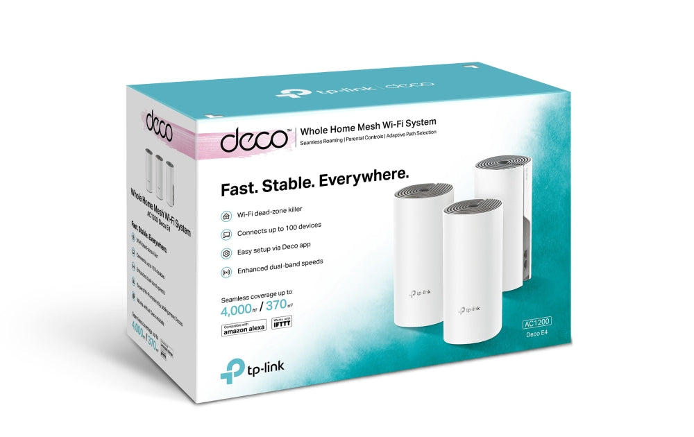MESH TP-LINK, wireless, router AC1200, pt interior, 1200 Mbps, port LAN, WAN, 2.4 GHz | 5 GHz, antena interna x 2, standard 802.11ac, "Deco E4(3-pack)"