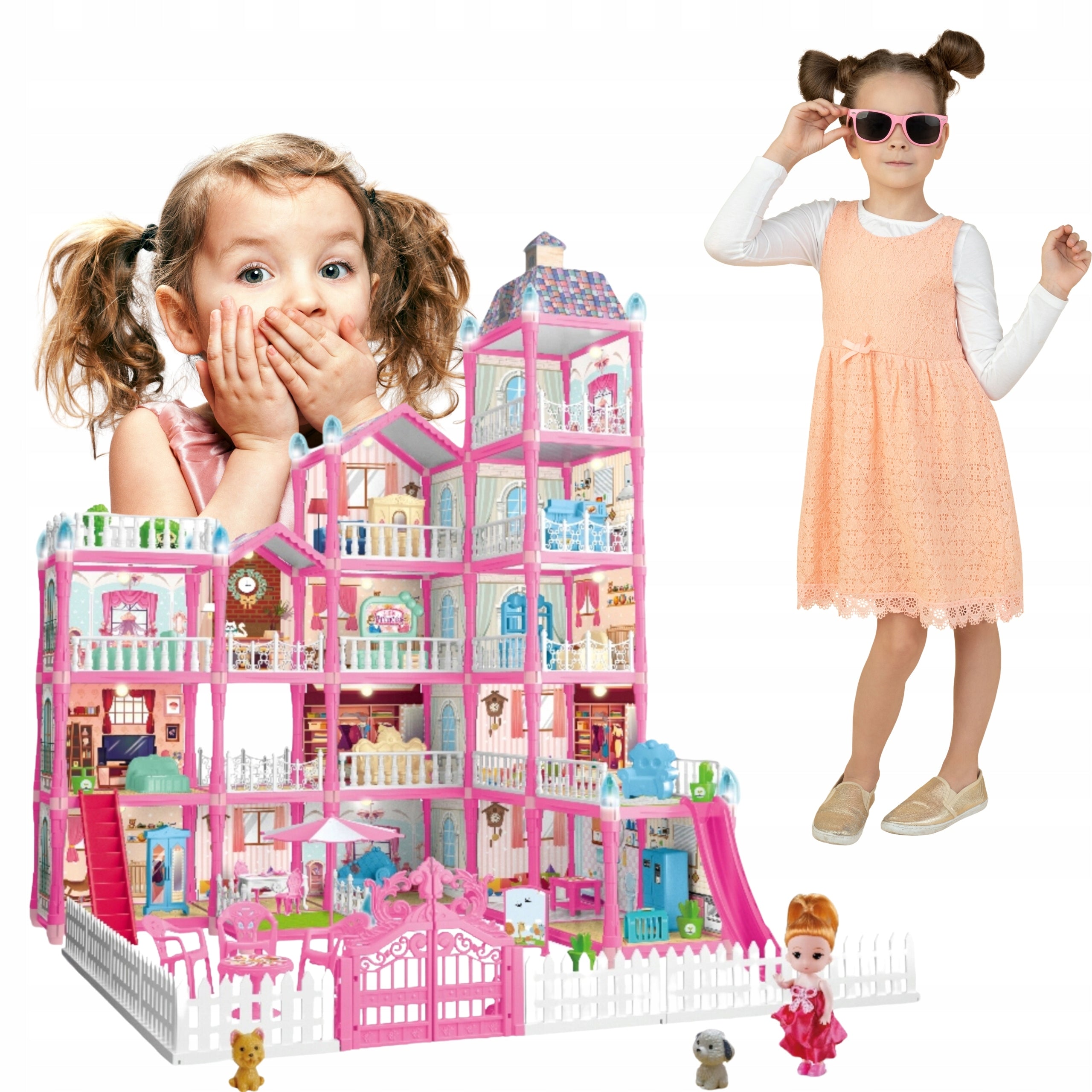 Casa de papusi pentru copii cu 374 piese, animale, mobilier si accesorii, 80x60x50 cm, roz