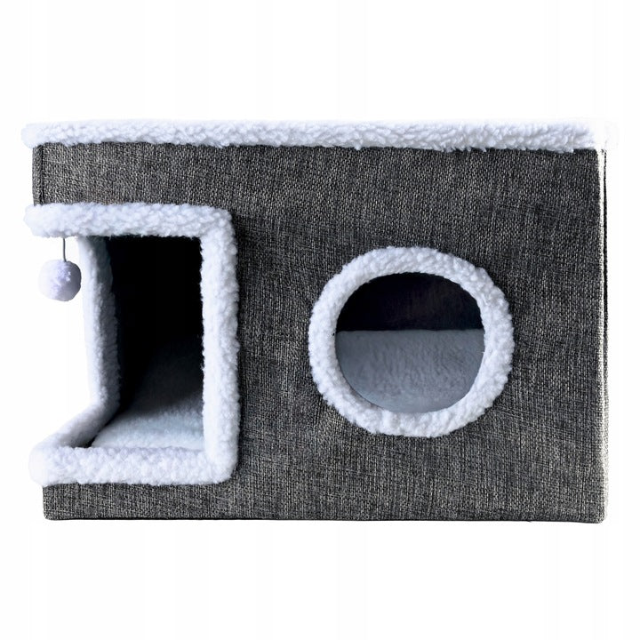 Ansamblu de zgariat pentru pisici cu casuta si pat superior, cu jucarie, 42x42x30 cm