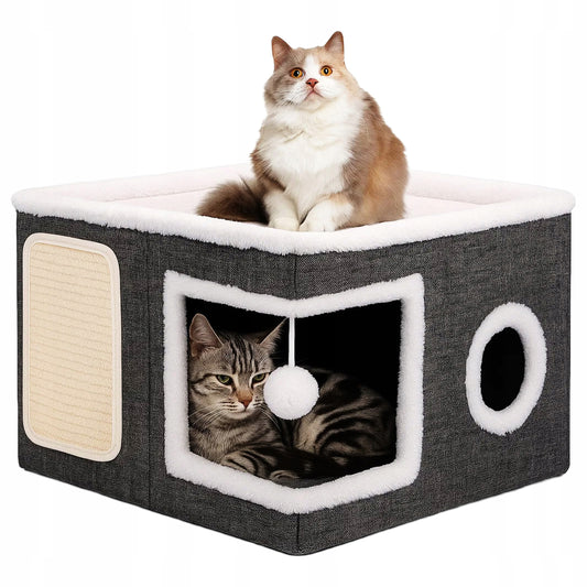 Ansamblu de zgariat pentru pisici cu casuta si pat superior, cu jucarie, 42x42x30 cm - 2