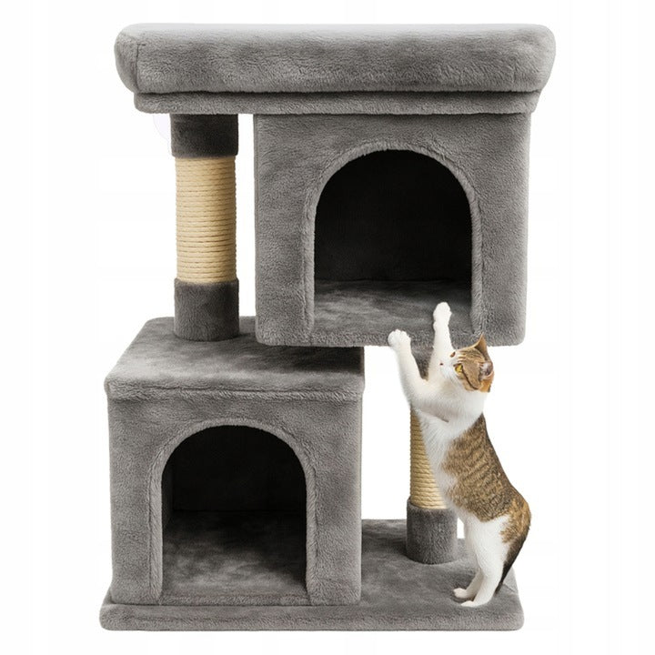 Ansamblu de zgariat pentru pisici tip turn cu 2 niveluri, tunel, casuta si pat, MDF si plus, 67 cm, gri