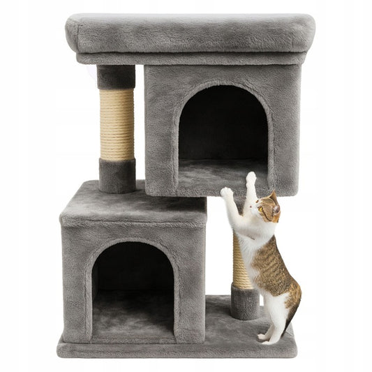 Ansamblu de zgariat pentru pisici tip turn cu 2 niveluri, tunel, casuta si pat, MDF si plus, 67 cm, gri - 2
