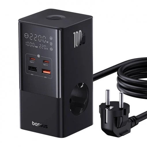 INCARCATOR RETEA Baseus GaN Powerstrip, Quick Charge 100W, 2 x AC, 2 x USB Type-C Output 5V/3A, 2 x USB, lungime cablu 1.5m, negru "E00023609113-00" - 6932172635855