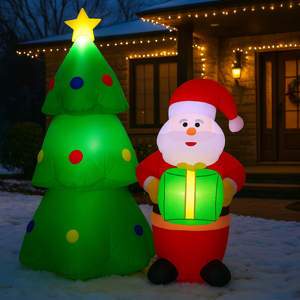 Decoratiune exterior gonflabila de Craciun cu Mos Craciun si brad iluminat, LED, compresor integrat, 148 cm