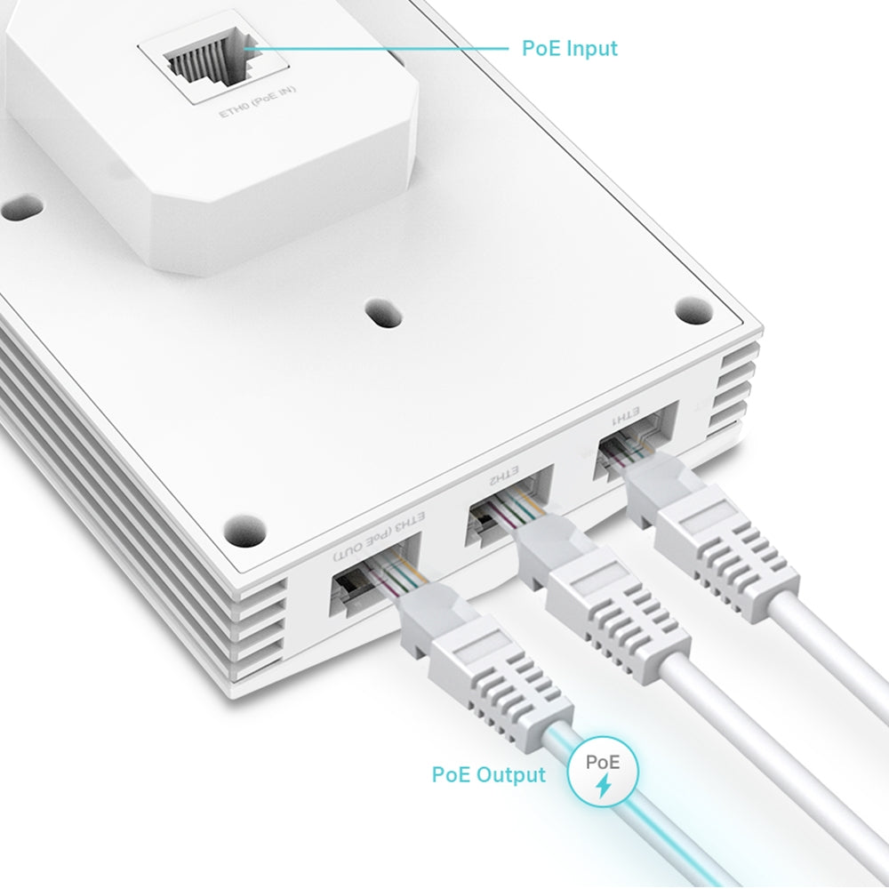 ACCESS POINT TP-LINK wireless AX3000 Mbps dual band Wall Plate WiFi 6, 4x10/100/1000 Mbps Ethernet Ports (1xPoE OUT) 2 antene interne,IEEE802.3af/at PoE,de perete"EAP655-Wall"