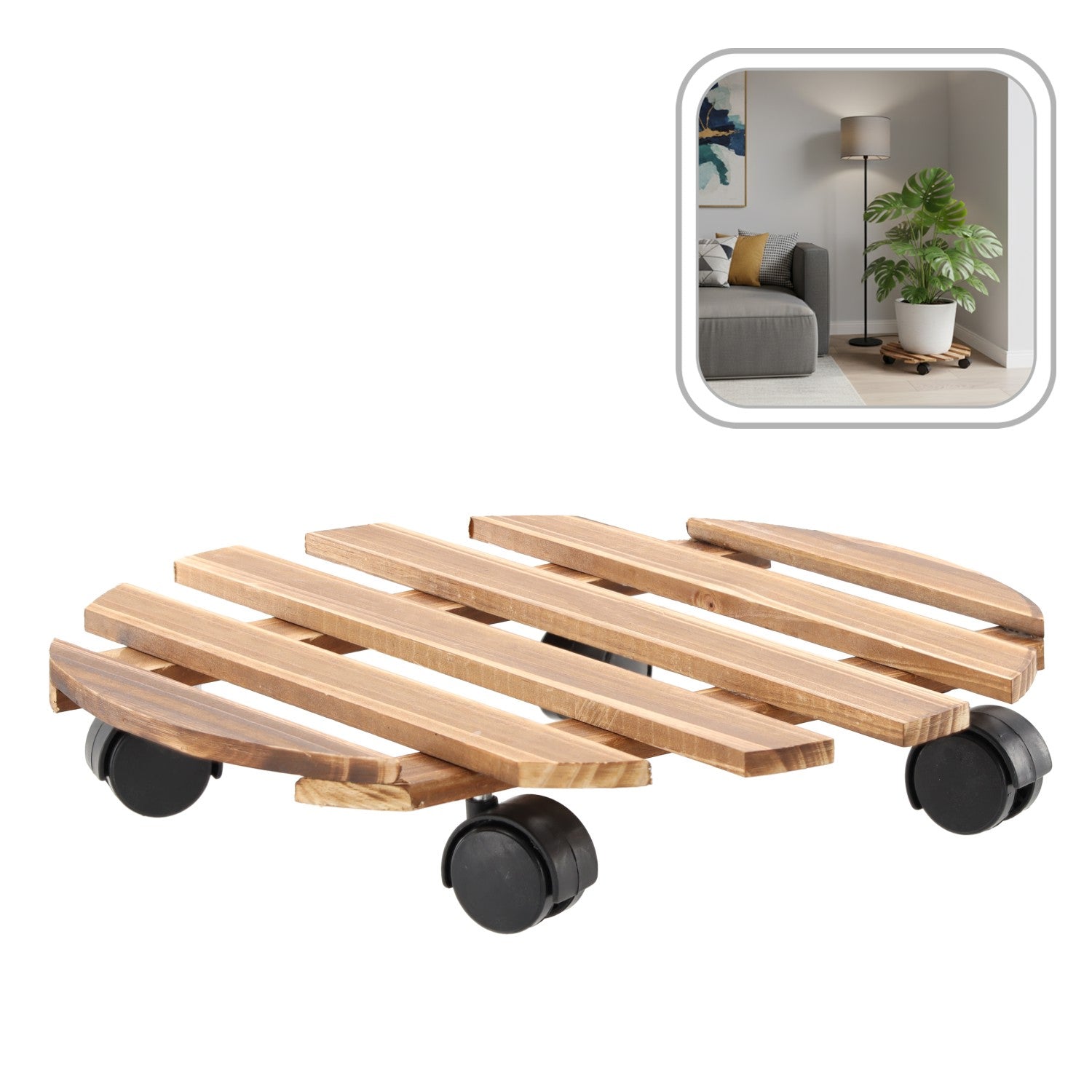 Suport rotund pentru ghiveci din lemn cu roti, 30 cm, maro natural