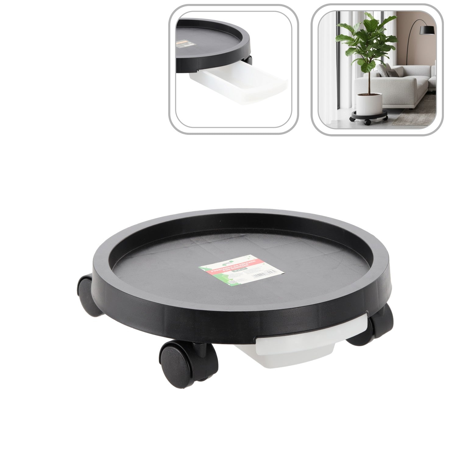 Suport ghiveci rotund cu roti si tava colectare apa, plastic rezistent, 28 cm, negru
