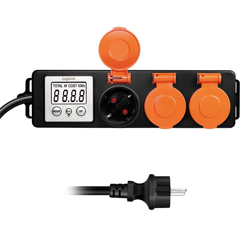 PRELUNGITOR LOGILINK, Schuko x 3, cablu 3G 1.5mm2, 230 V/16 A, 50 Hz, max. 3500 W, contor cost energetic, LCD, 3 butoane operare, IP44, de exterior, 1.4m, negru-portocaliu, "EM0008"