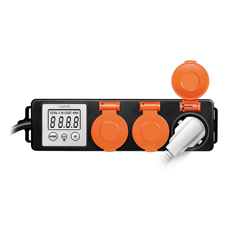 PRELUNGITOR LOGILINK, Schuko x 3, cablu 3G 1.5mm2, 230 V/16 A, 50 Hz, max. 3500 W, contor cost energetic, LCD, 3 butoane operare, IP44, de exterior, 1.4m, negru-portocaliu, "EM0008"